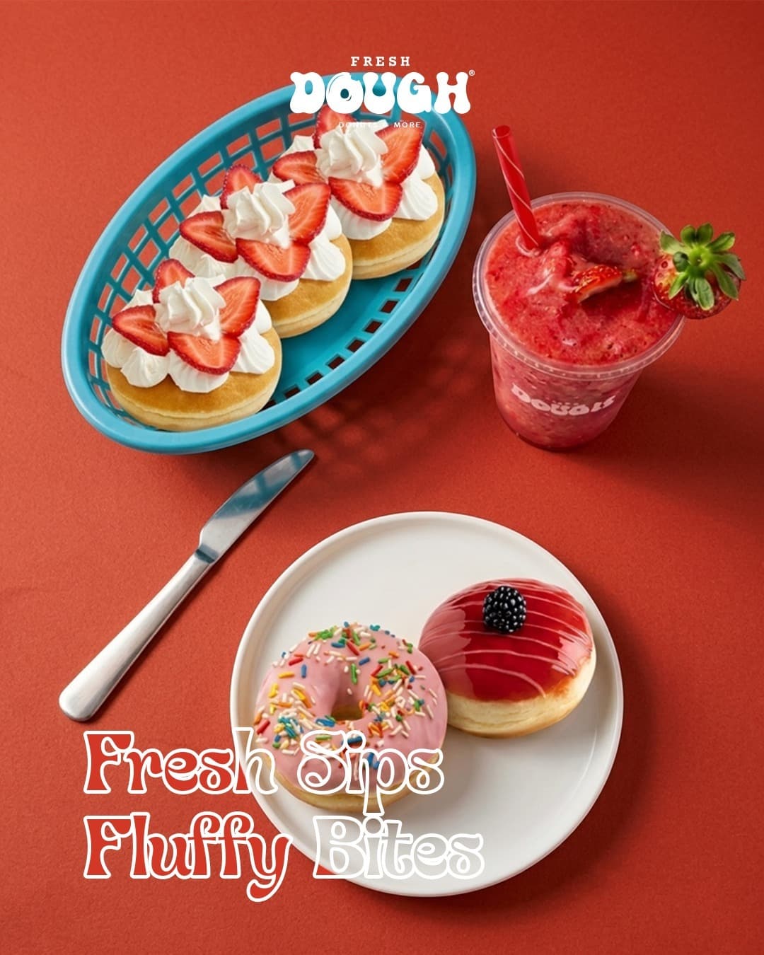 Fresh donuts and a berry slush flatlay
