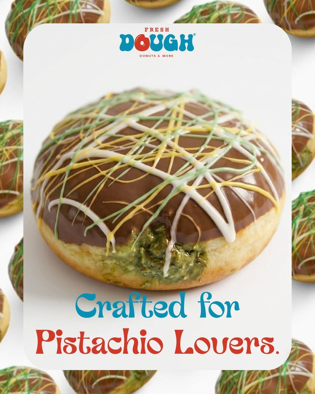Pistachio chocolate donut with coloured drizzle